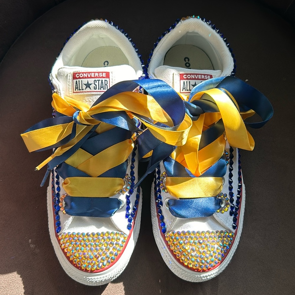 Converse Kid’s size 6 blue and gold bling/crystal tennis shoe, handmade